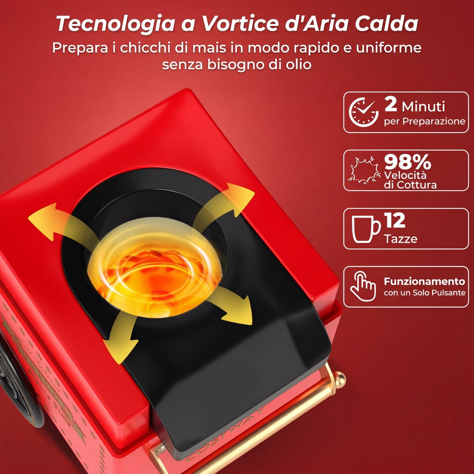 COSTWAY 1200W Macchina Pop Corn, Macchina Popcorn ad Aria Calda con Misurino Pronta in 2 Minuti, Senza Olio, Design Retro e Portatile per Serata Cinema Casa
