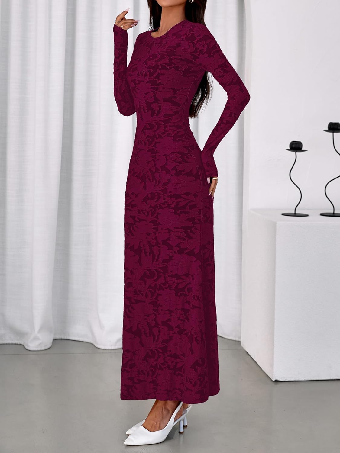 BTFBM Wedding Guest Dresses for Women 2026 Spring Elegant Floral Lace Ruched Long Sleeve Bodycon Cocktail Party Maxi Dress - Image 6