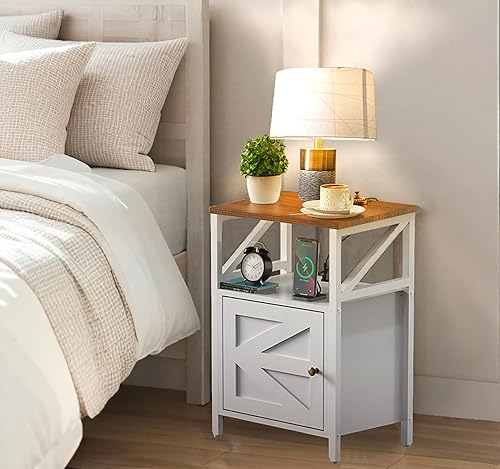 Miniatura 2 de Mesa auxiliar de granja con estación de carga, puertos USB de 3 niveles y mesa auxiliar, mesa auxiliar compacta para espacios pequeños, mesa