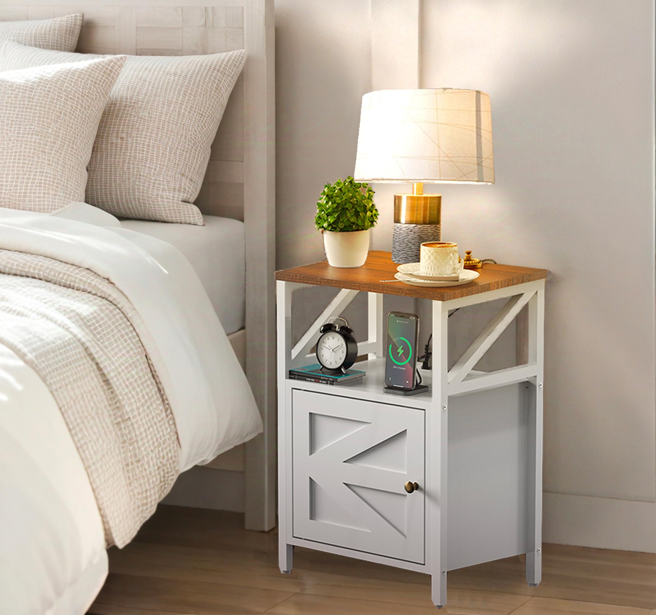 Mesa auxiliar de granja con estación de carga, puertos USB de 3 niveles y mesa auxiliar, mesa auxiliar compacta para espacios pequeños, mesa decorativa multifuncional para dormitorio, sala de estar 5