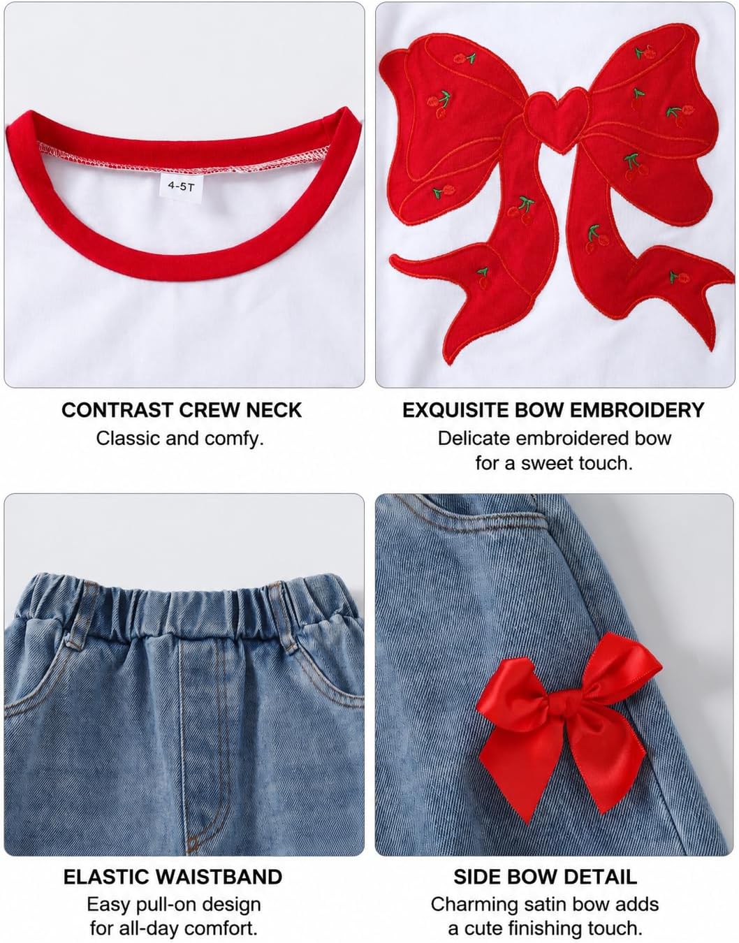 Azmxynol Girl Clothes Bow Short Sleeve Top + Ripped Denim Jeans 2 Pieces Fall Outfit Set, Size 4-8 Years