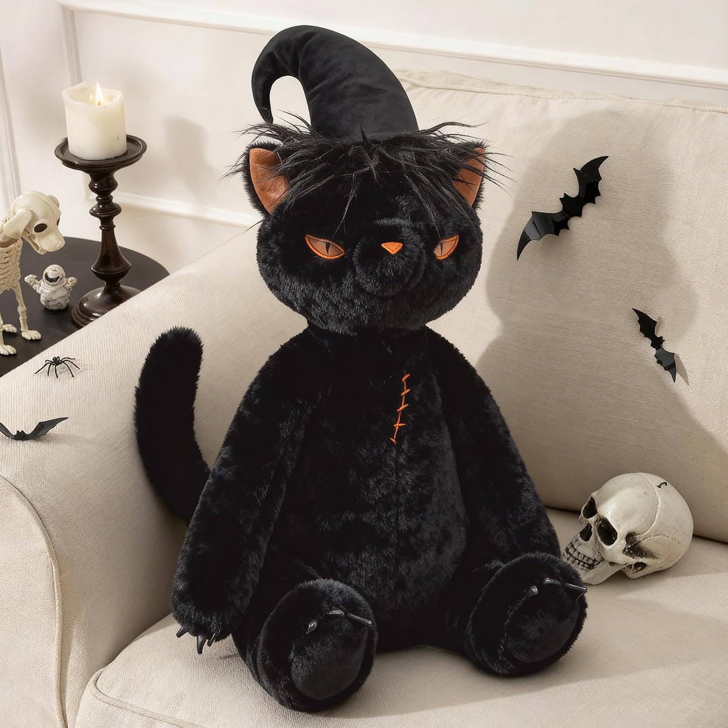 Phantoscope Happy Halloween Shaped Throw Pillow, Black Cat Shaped Pillow with Wizard Hat, Soft Faux Rabbit Fur Halloween Decorative Cushion for Couch, Black Wizard Cat 19.5 x 11 in