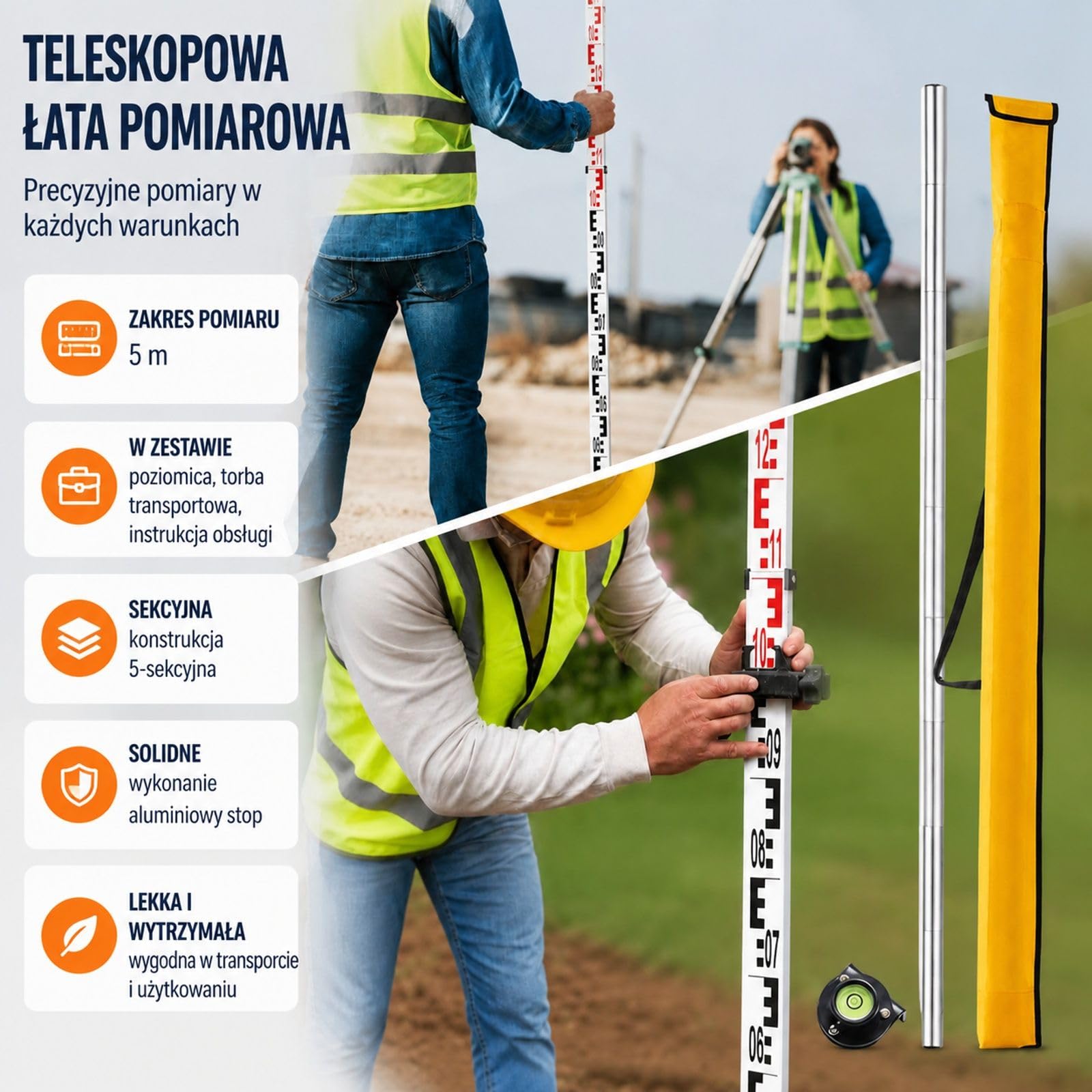 Aluminiowa łata pomiarowa, 5-metrowa teleskopowa łata pomiarowa, dwustronna skala cm/mm, łata niwelacyjna, aluminiowa łata geodezyjna z poziomicą i torbą transportową do pomiaru domów, ścian, pod