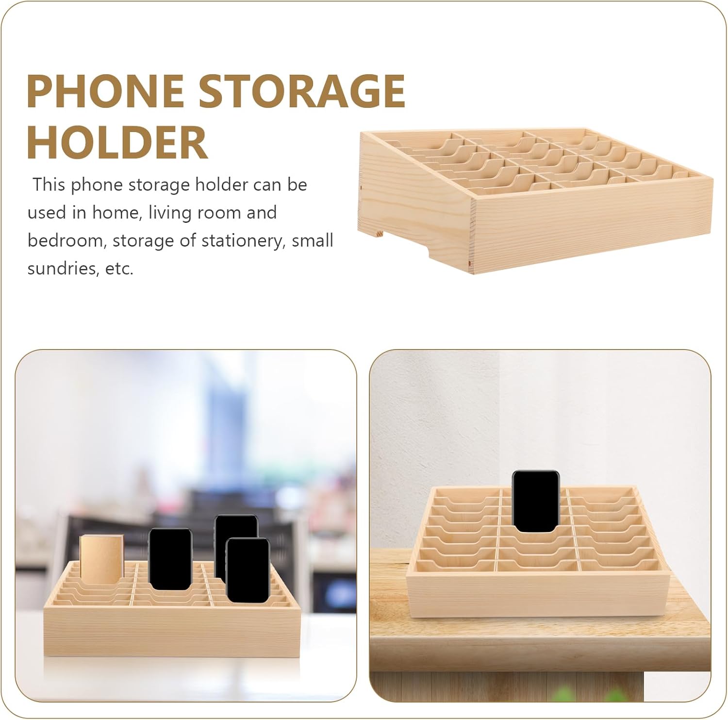 Toddmomy Multi-Use Wooden Desktop Storage Box with Grids for Cell Phone Management and Organization - Ideal for Office, Classroom, and Home Use
