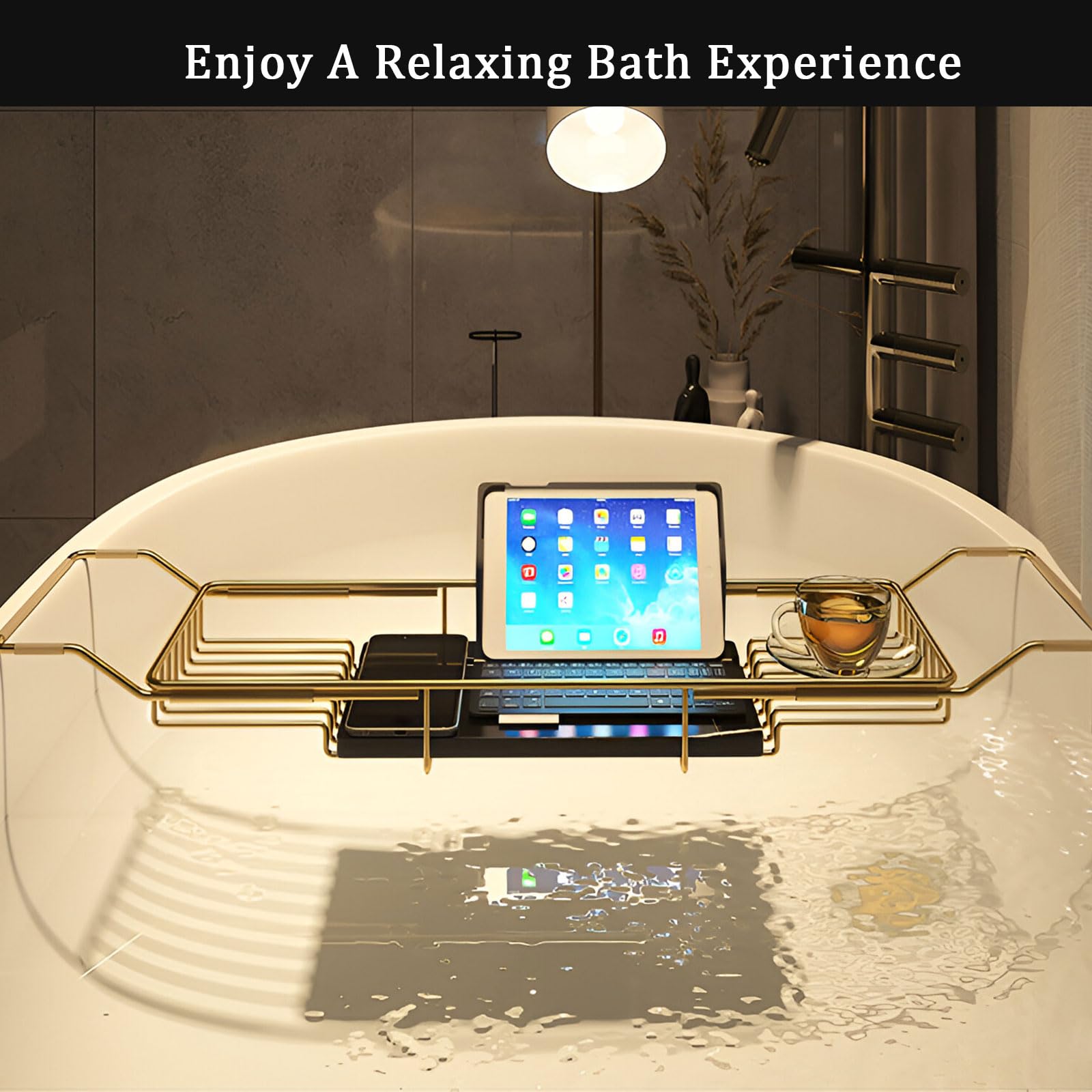 Bandeja de bañera ajustable, estante de alambre antideslizante expandible para tazas, tabletas, teléfono celular, organizador de estante de baño