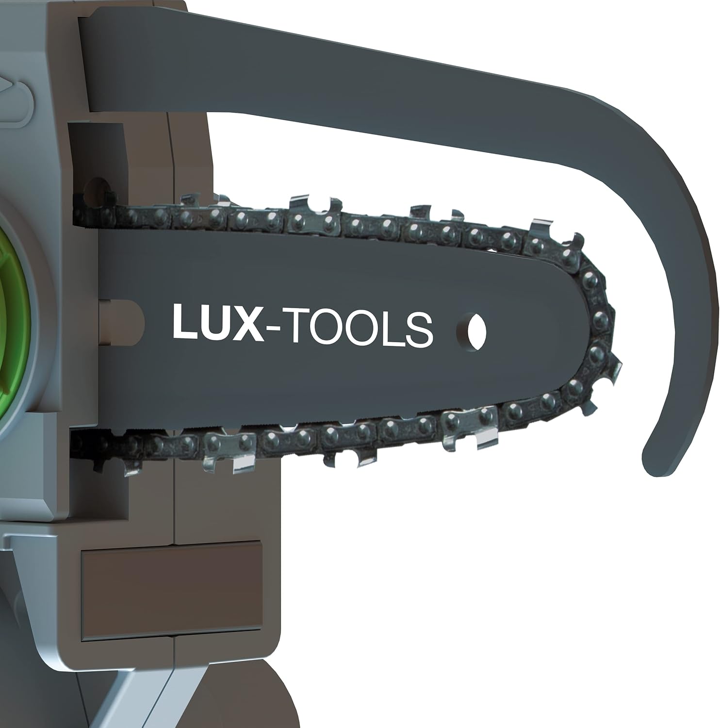 Close-up of the LUX-TOOLS pruning saw chain and guide bar with 'LUX-TOOLS' branding.