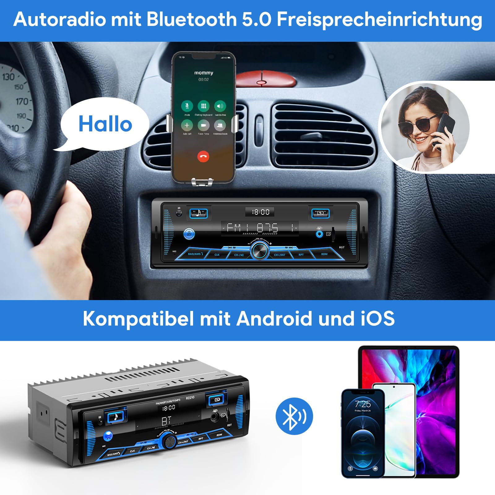 RDS Autoradio Bluetooth für 2 USB,Wistrue FM/AM Autoradio 1DIN,7 Farben Radio mit Fernbedienung MP3 Player 9-24V/Unabhängiger Uhr/SD/AUX