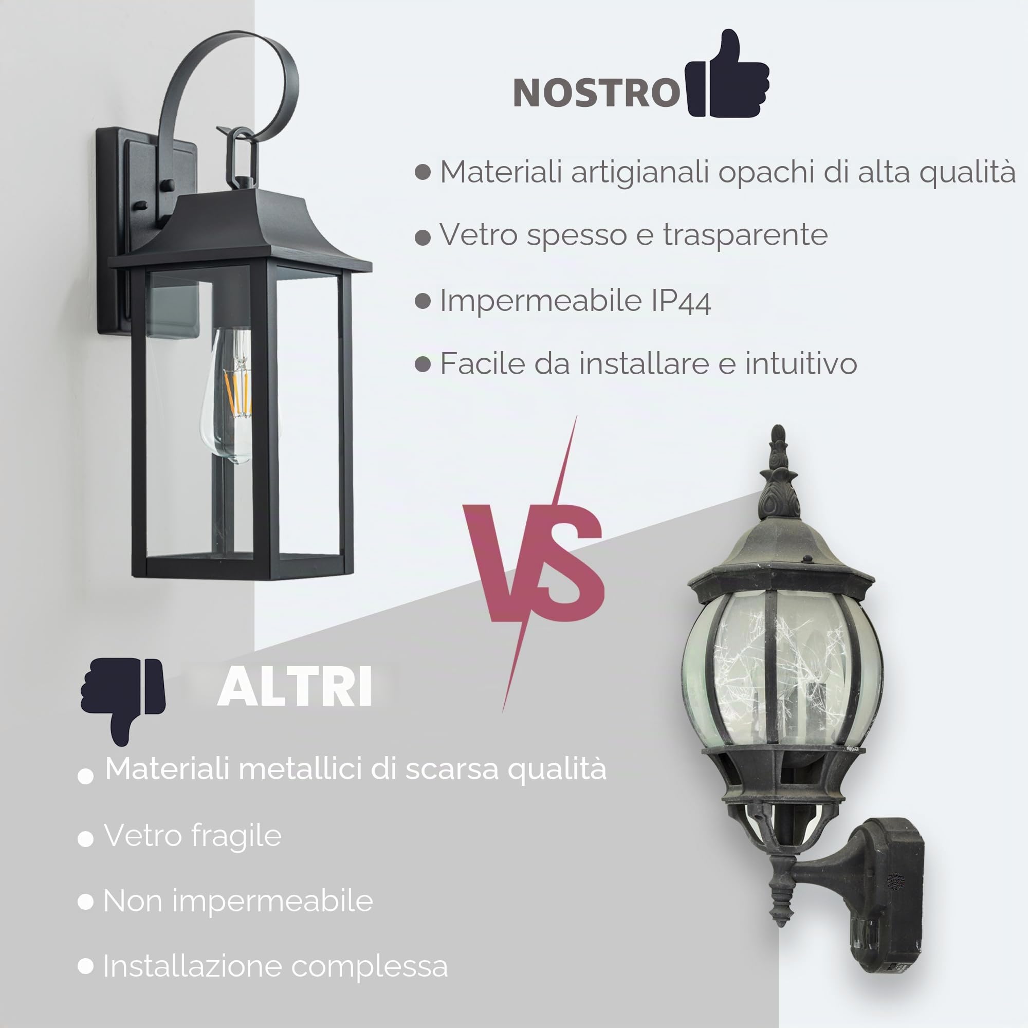 FTL Lampada da Parete E27 Esterno, Grande Portico Applique da Parete, Nero Luci da Esterno a Parete, 60W Max Vintage Lampade Lanterna da Esterno con Vetro, IP44 Impermeabile Luci da Esterno Giardino