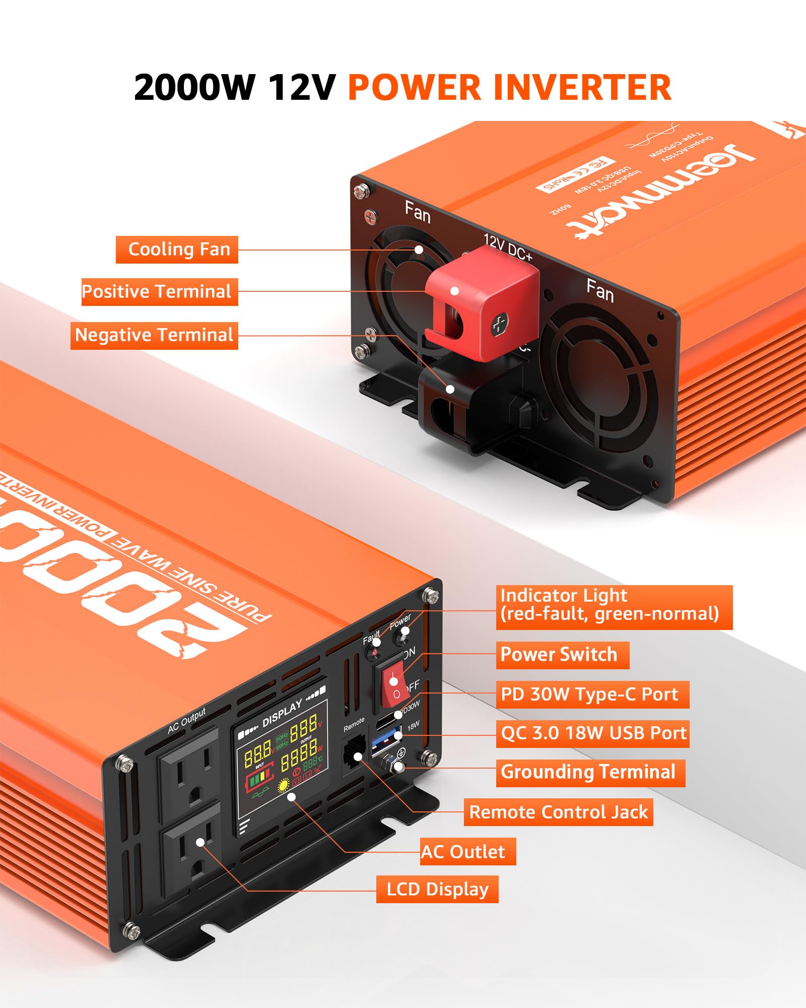 Przetwornica mocy 2000 W Pure Sine Wave Converter 12V DC na 110V AC dla samochodów ciężarowych bez sieci RV z 2 portami USB szybkiego ładowania, podwójnymi gniazdami AC, wyświetlaczem LCD