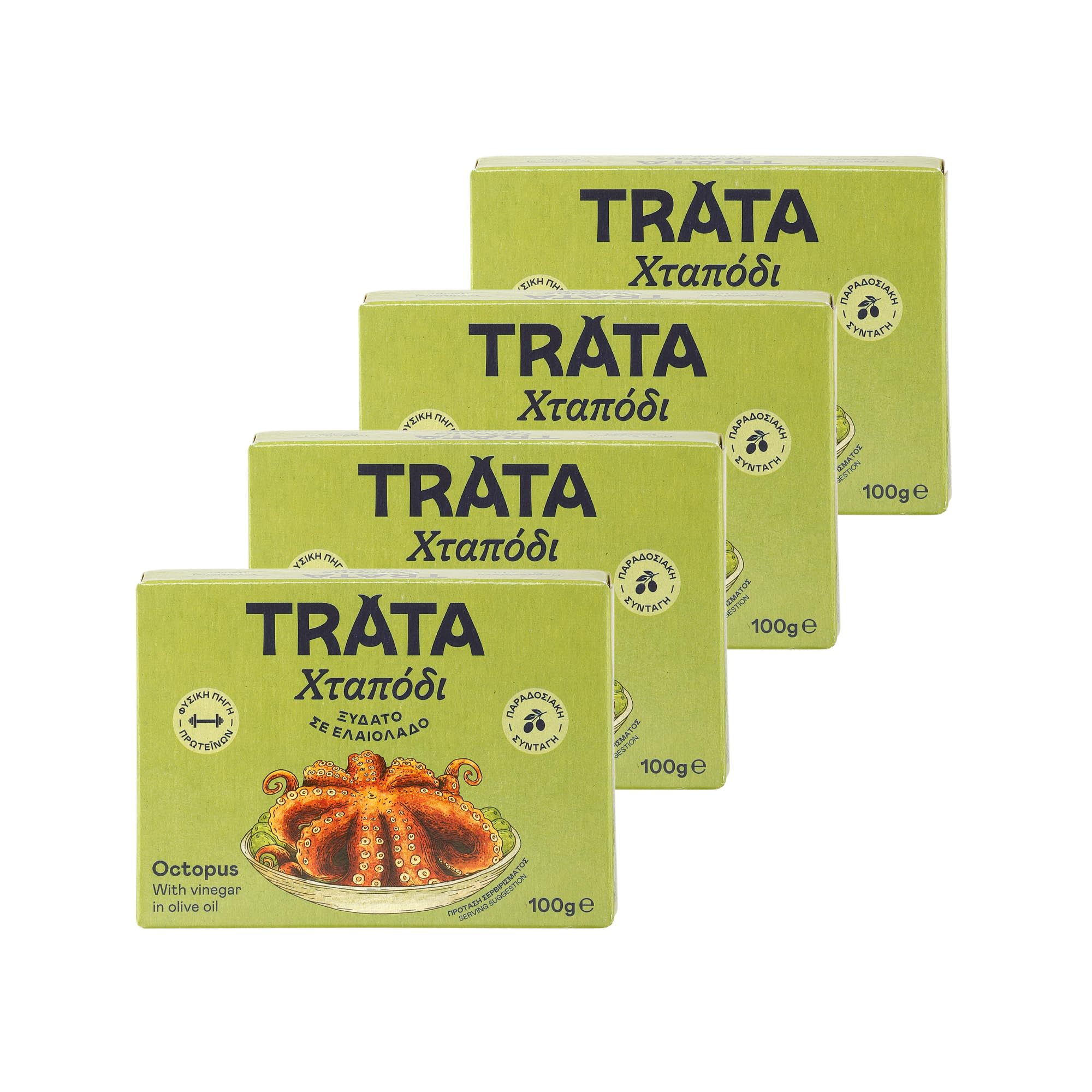 Oktopus Stücke mit Essig in Olivenöl 4x100g Dose | Trata | Würzige griechische Spezialität | +20ml Jassas Olivenöl