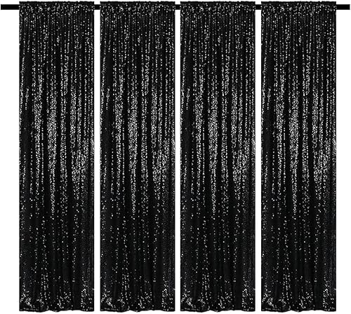 Cortinas de fondo de lentejuelas negras con purpurina de 2 x 8 pies, 4 paneles para decoración de bodas, fiestas de cumpleaños, despedidas de