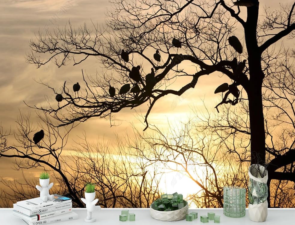 Papier peint intissé oiseaux et grands arbres panoramique géant pour salon 400x280cm