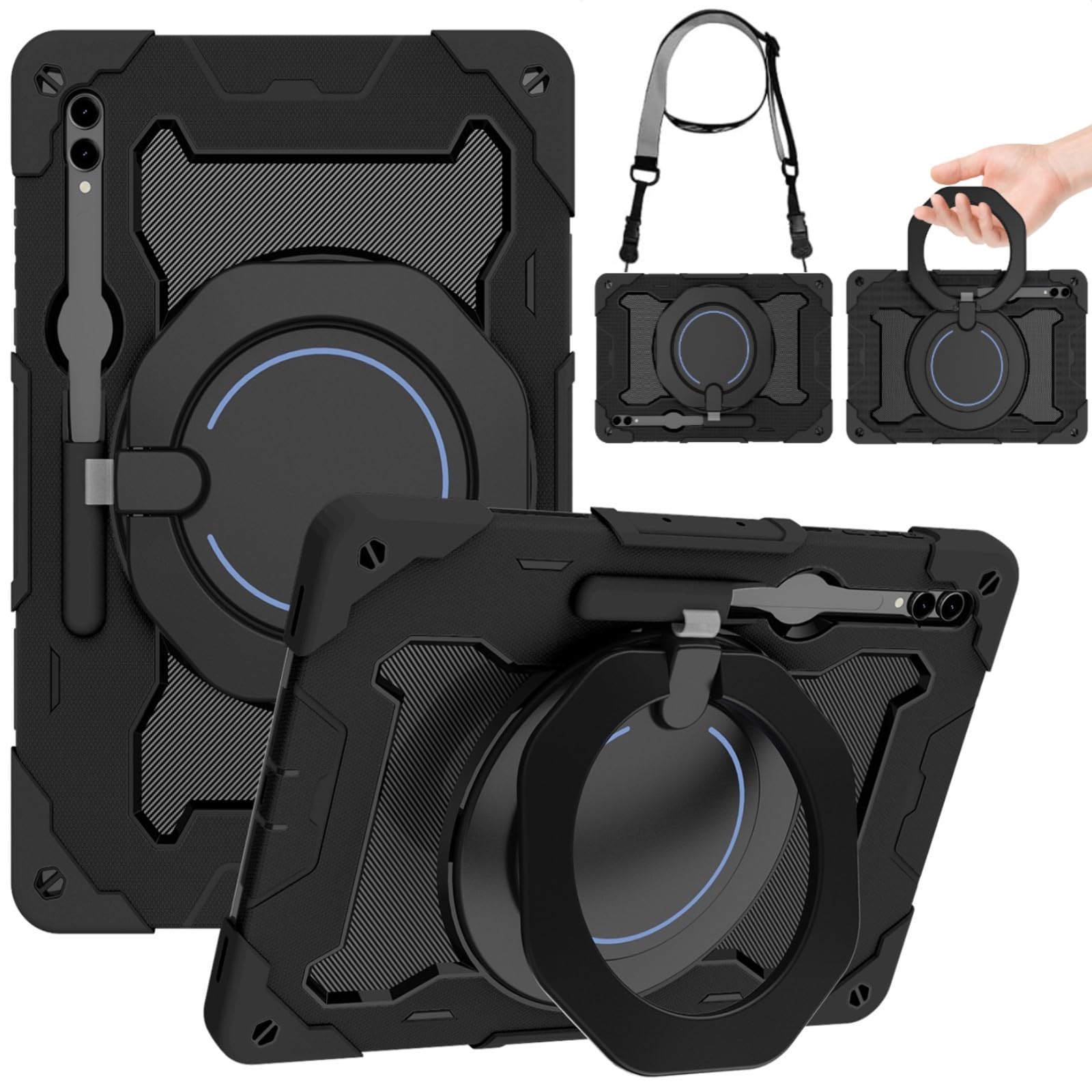 for Samsung Galaxy Tab S10 Ultra / S9 Ultra/Tab S8 Ultra (14.6”) Shockproof Tablet Case, 360 Rotation [Kickstand/Handle] Case with [Shoulder Strap] and [S Pen Holder] + Screen Protector - Black