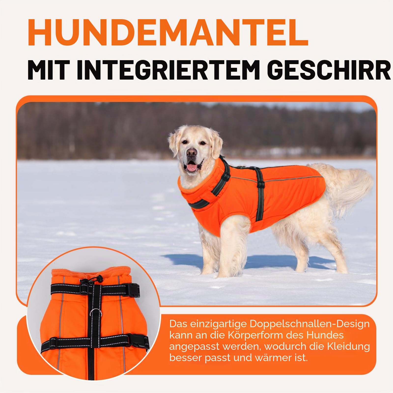 Lelepet Hundemantel für den Winter, Warme Hundejacke mit integriertem Geschirr, Winddicht Mantel mit Fleece Gefüttert für Hunde, Reflektierende Hundeweste für Kaltes Wetter, Orange 3XL