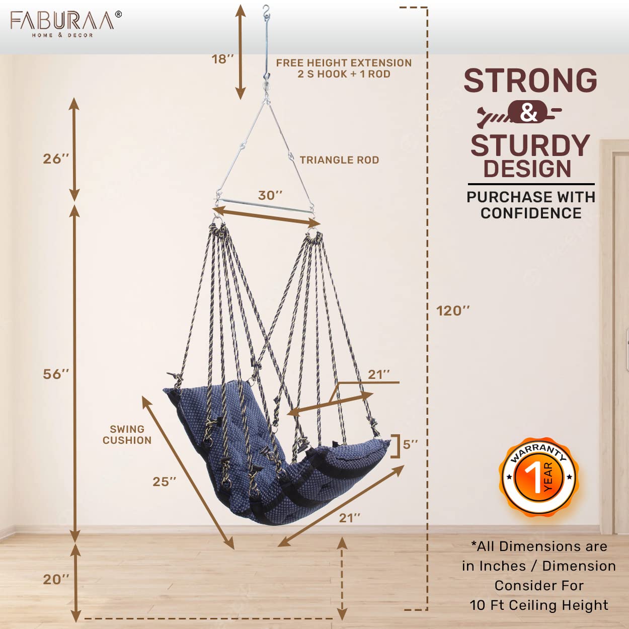 Faburaa Grande Swing Chair for Adults & Kids | Cotton Hanging Jhula for Balcony & Indoor Use | Heavy Duty Up to 120 kg | Triangle Rod Support | Blue 1