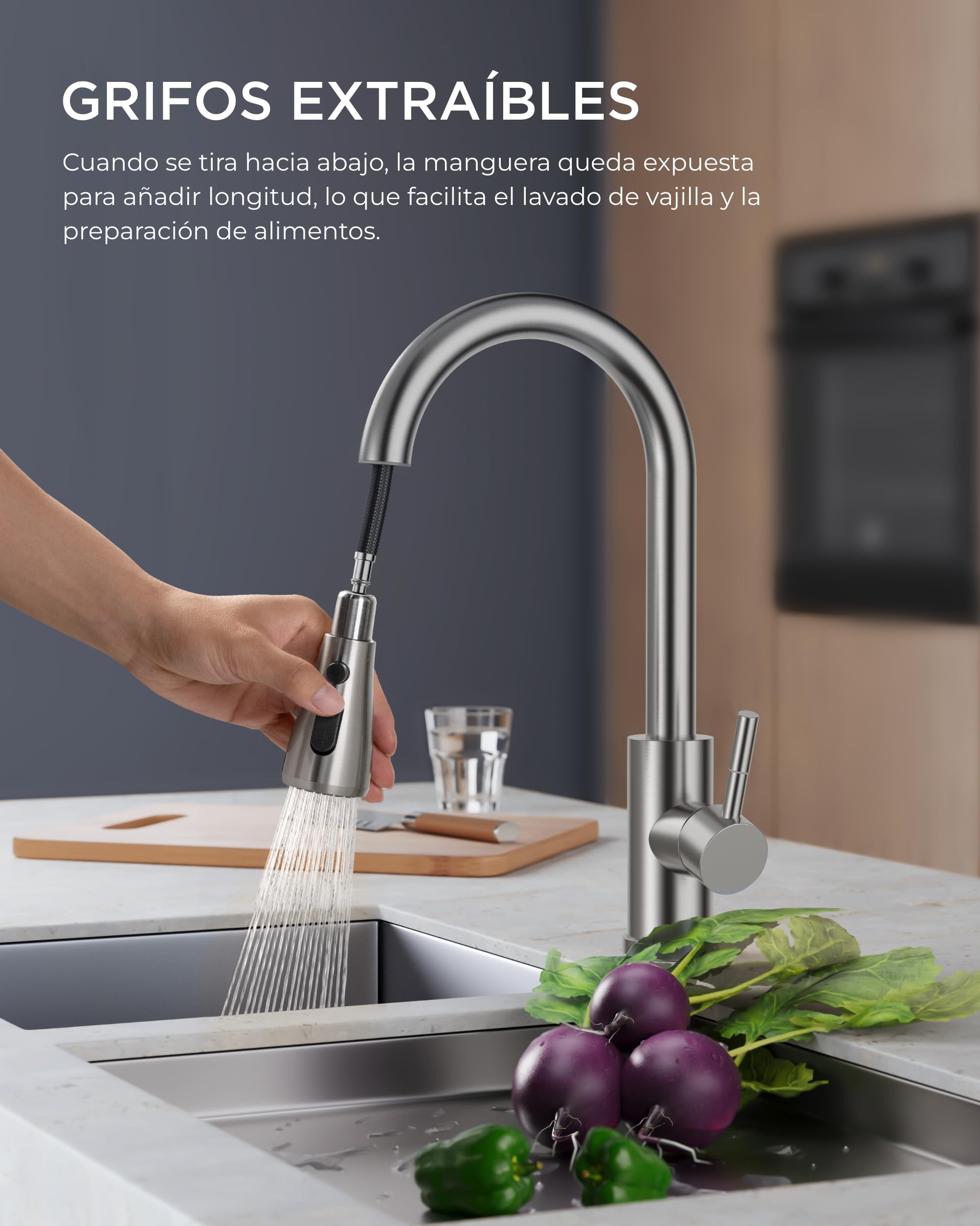 FORIOUS Grifo Cocina Extraible, Grifo Cocina Fregadero con 3 Modos Giratorio a 360° Torneira Cozinha Monomando, Acero Inoxidable