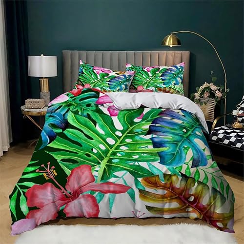 Juego de funda de edredón Monstera blanca tamaño Queen con estampado de plantas tropicales, funda de edredón de microfibra suave y 2 fundas de