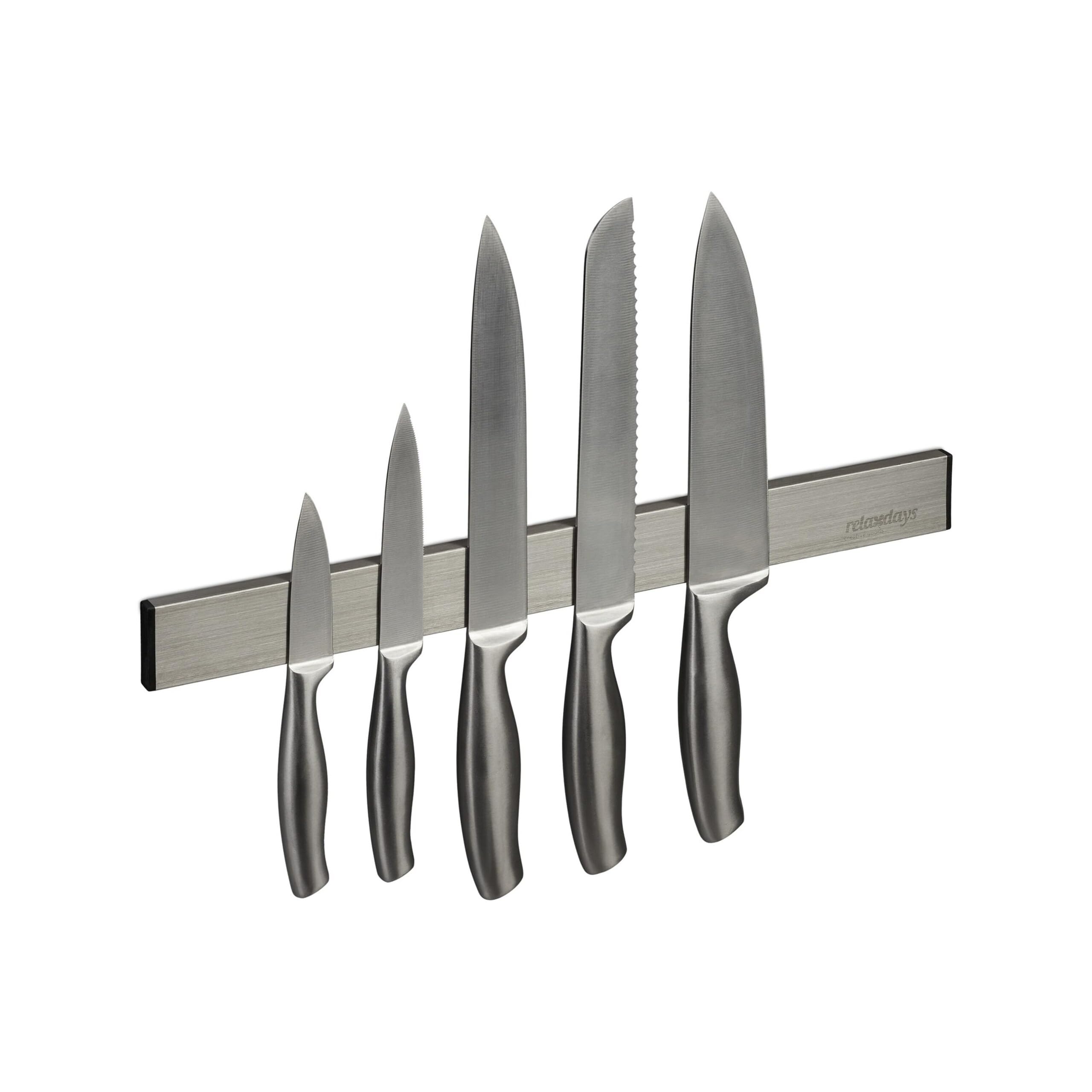 Relaxdays Barra Magnetica Portacoltelli in Acciaio Inox, Autoadesiva, Asta Lunga 40 cm, Guida a Parete, Argento Nero