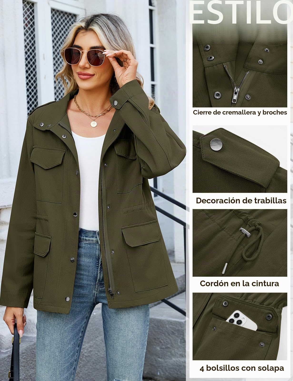 CMTOP Chaqueta Entretiempo Mujer Ligero Corto, Algodón Militar Chaquetas Sahariana Multibolsillos Cazadora, Elegante Casual Jacket Sólido Blouson para Primavera Otoño Verano