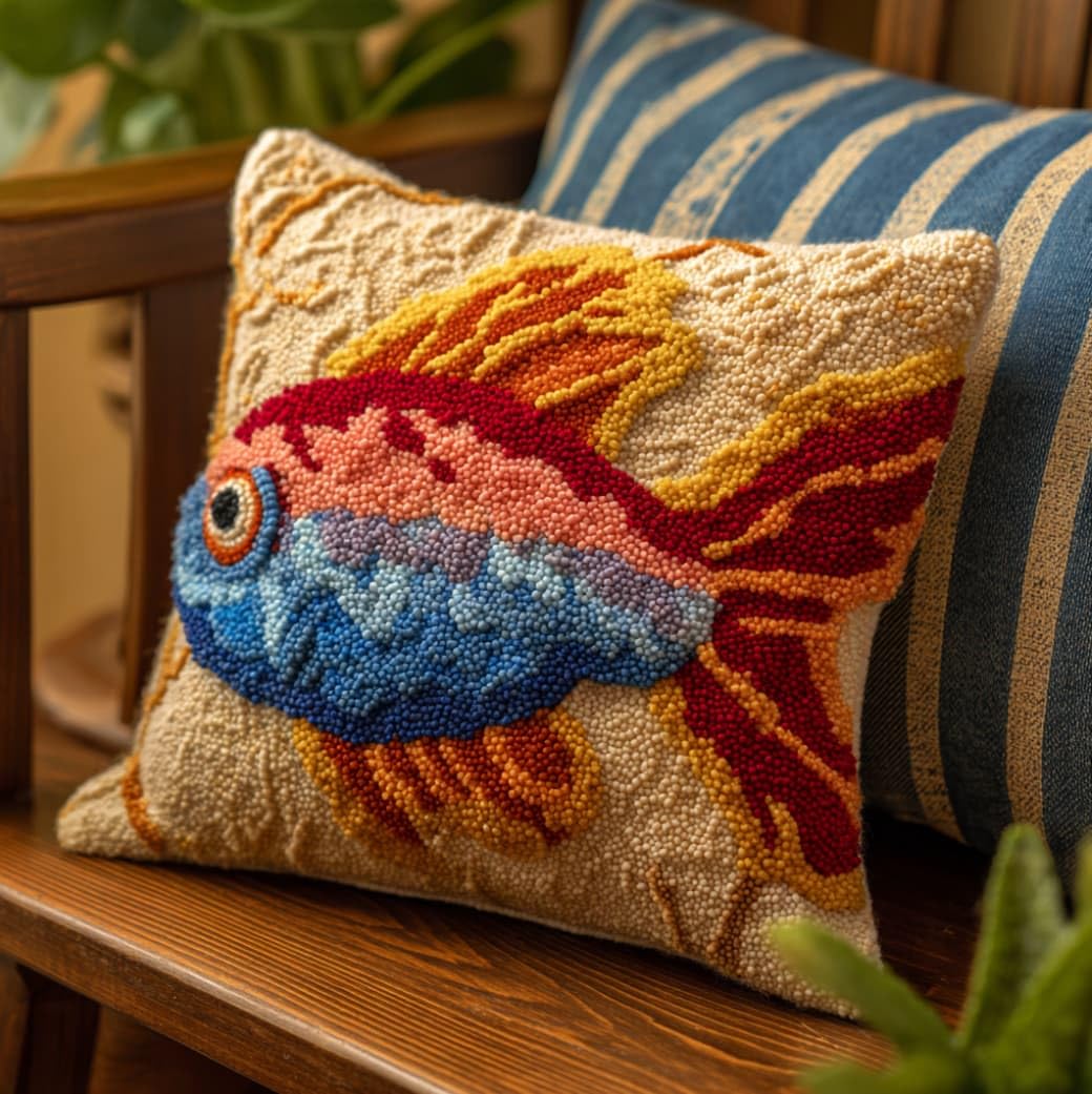 AxiangziK 43x43cm Latch Hook Pillow Craft Kit,Animal Fish