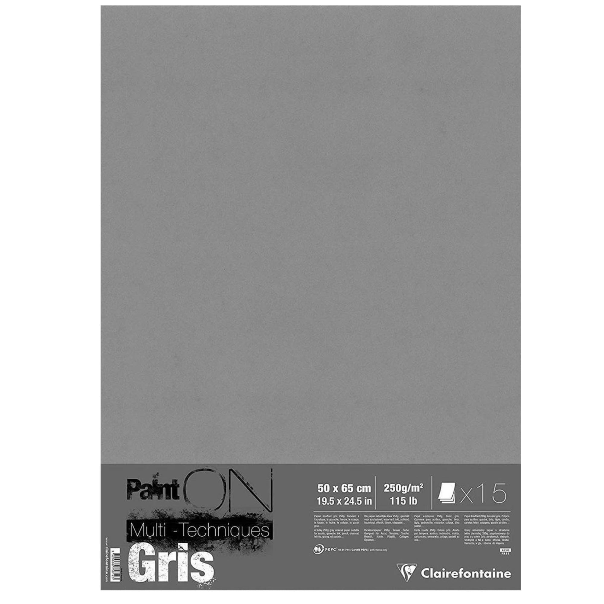 Clairefontaine - Ref 975812C - Paint'ON Multi-Technique Grey Paper (15 Sheets) - 50 x 65cm, 250gsm Heavyweight Paper, Slight Rough Grain, Acid Free, pH Neutral