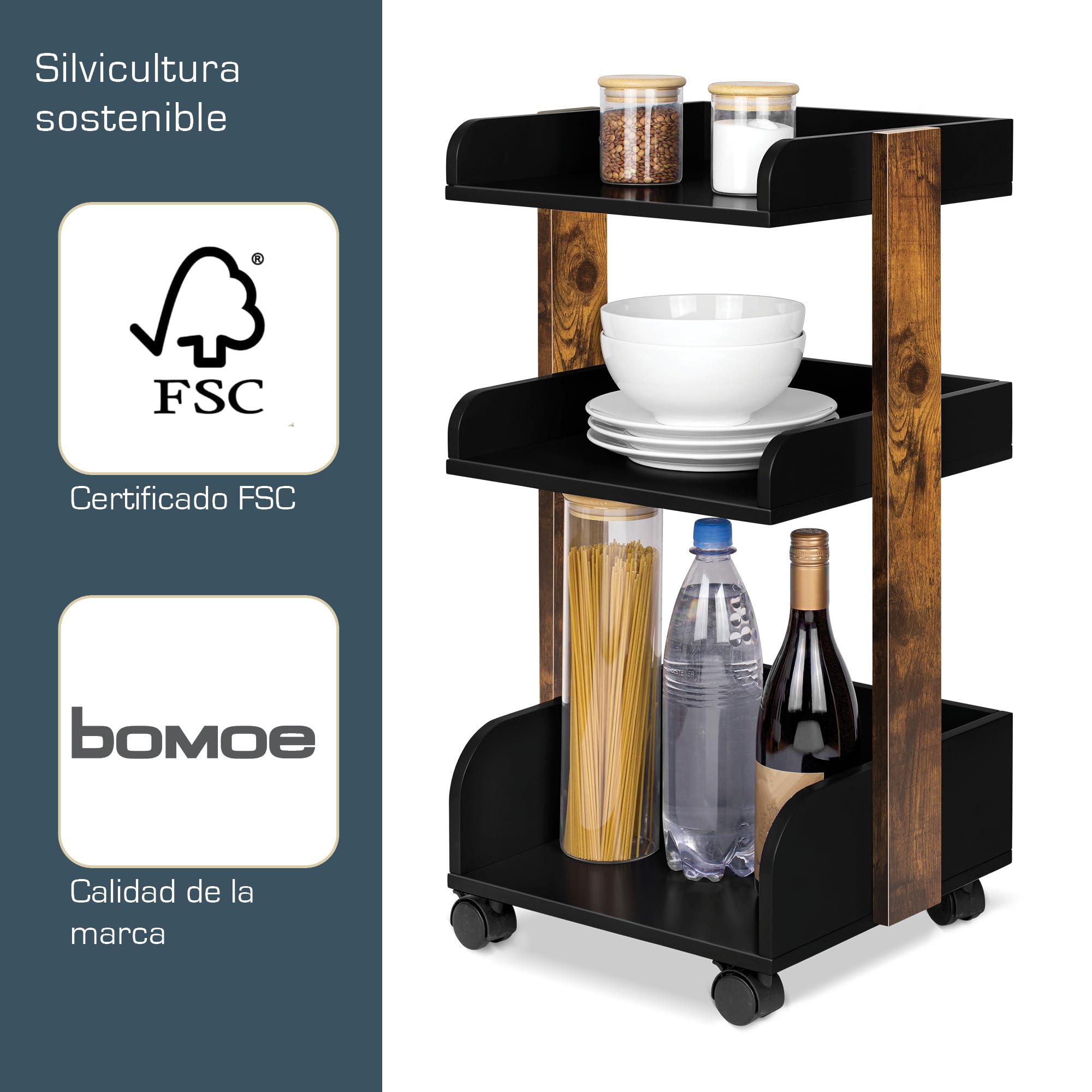 bomoe Carro de Cocina con 4 Ruedas bloqueables y 3 estantes Bosse - Madera FSC® Carro para Servir Carro para Manualidades Mesa Mueble Auxiliar Cocina 32x35x69cm Negro y Marrón