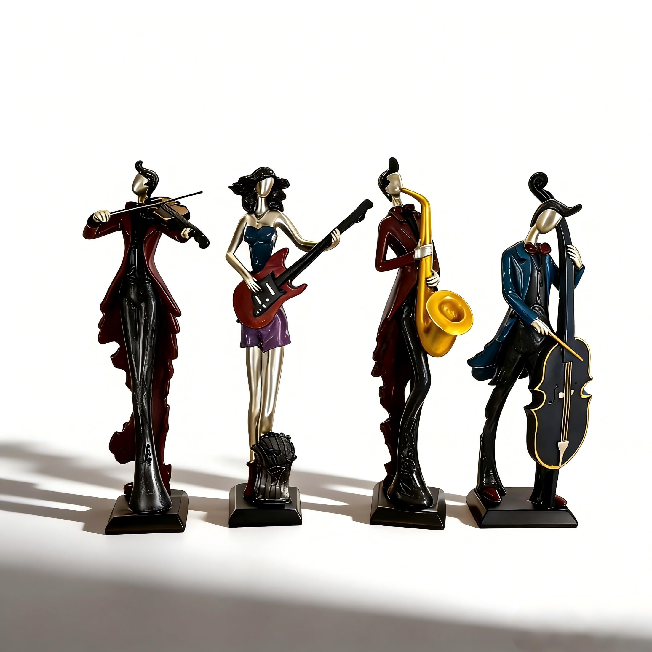 Set di 4 sculture astratte di musicisti, statue moderne di una band jazz da 30 cm, grandi statuette musicali per la decorazione di casa, soggiorno, mensole e ufficio, ornamenti artistici mus