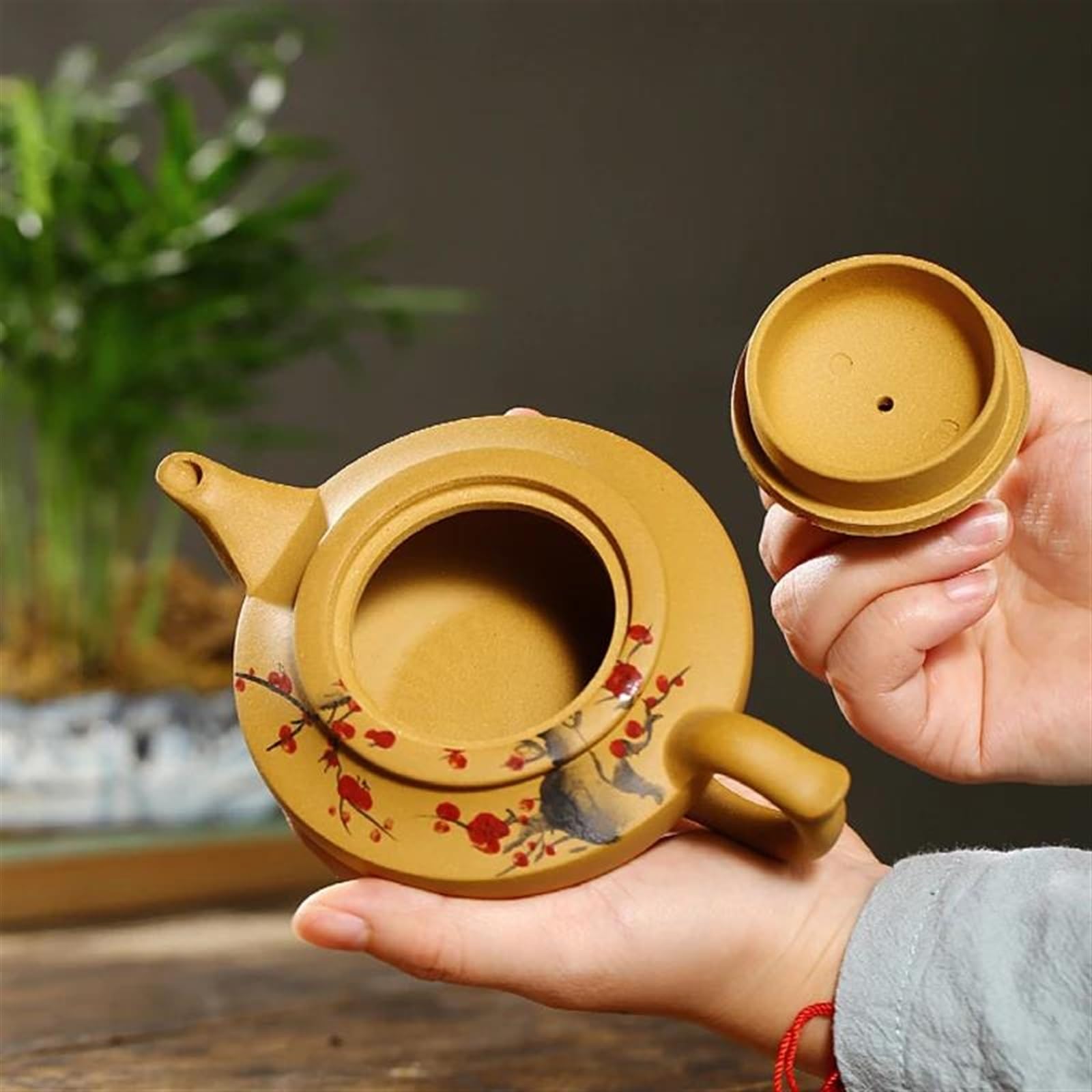 Teiera, set da tè da viaggio, set da tè pomeridiano da 230 ml, 1 teiera Kongfu, teiera Zisha, segmento di fango piatto Xishi, teiera con motivo a fiori di prugna, set da tè cinese con foro a sfera d