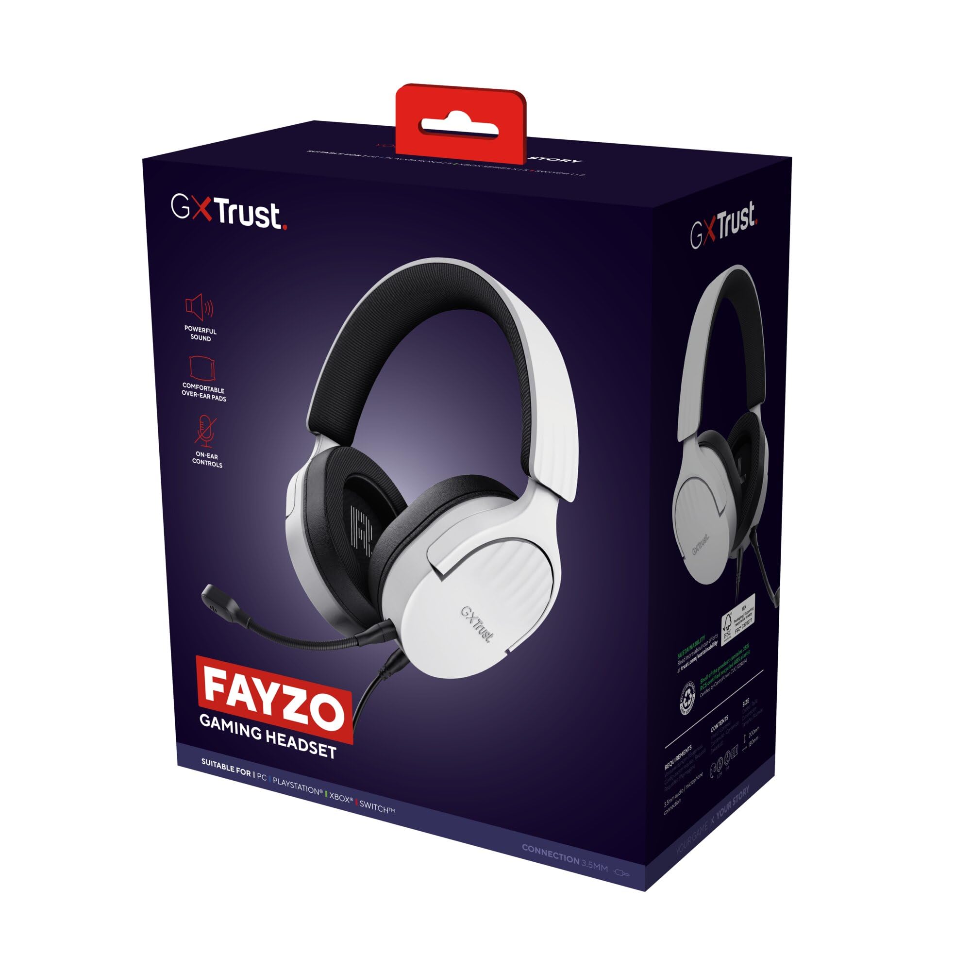 Trust Gaming GXT 489W Fayzo Cascos Gaming para PC, PS5, PS4, Xbox Series X|S, Switch, Mobile, 3.5 mm, 35% Plástico Reciclado, Auriculares Over-Ear Micrófono con Cancelación de Ruido - Blanco