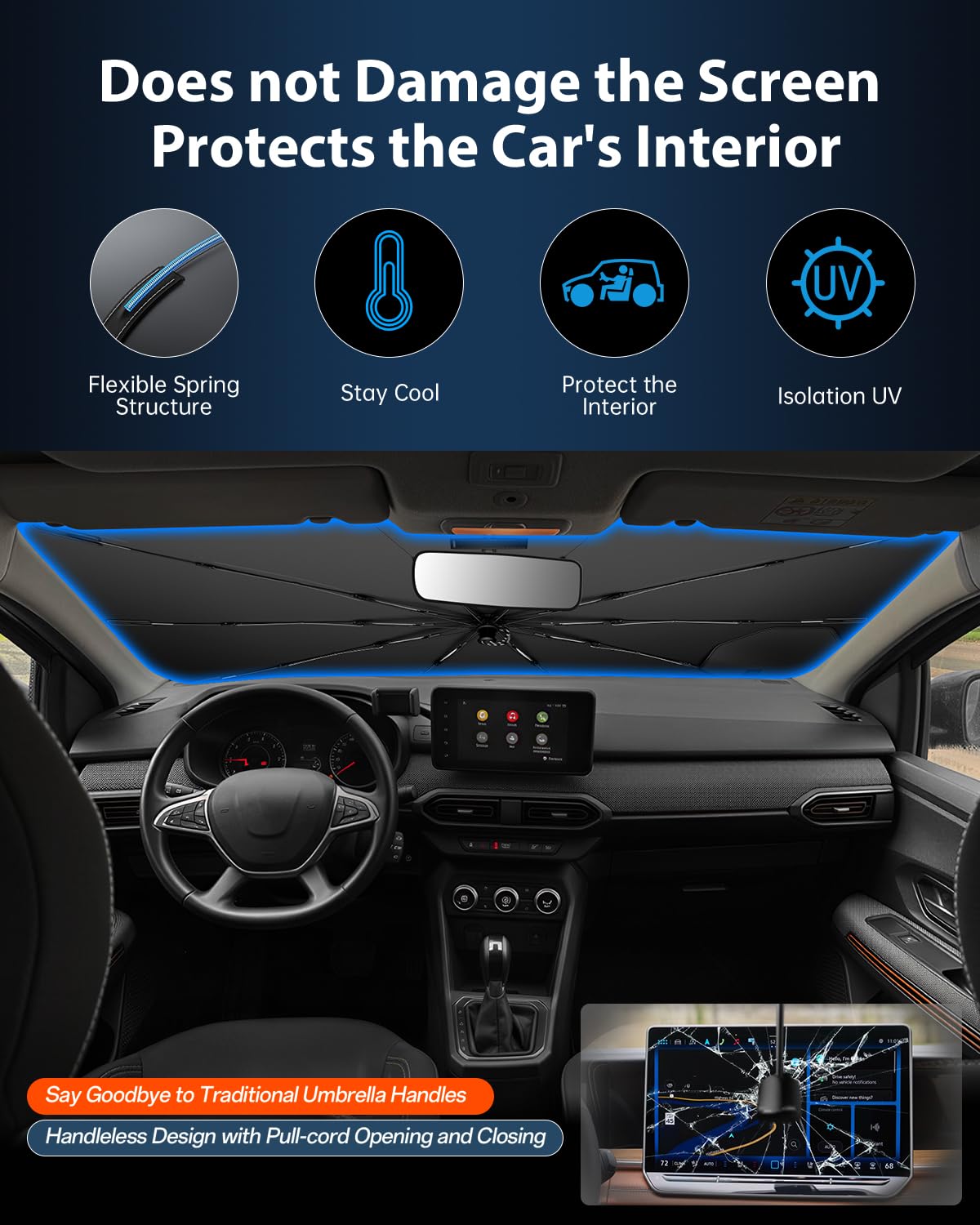 Ruiya 2026 Upgrade Parasol Coche Delantero Compatible con Dacia Sandero 3 | Sandero Stepway III | Jogger 2021-2026, Paraguas Plegable Aislamiento Térmico, Protección UV, Accesorios para Parabrisas
