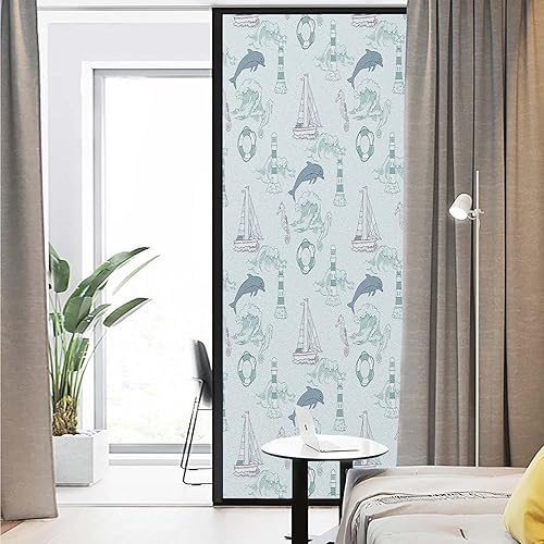 Miniatura 3 de Películas de ventana con patrón náutico, delfín con caballito de mar, barco, faro, decoración del hogar, película de ventana para sala de estar y