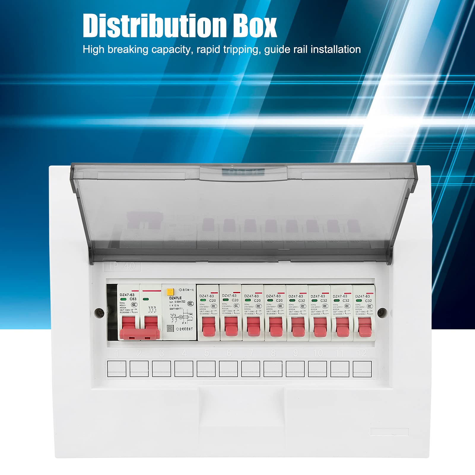 Caja Distribución Eléctrica 8 Vías 2P 63A, Cuadro Eléctrico 230/400V con Protección Diferencial, Cubierta Transparente IP65 para Instalaciones Industriales y Residenciales