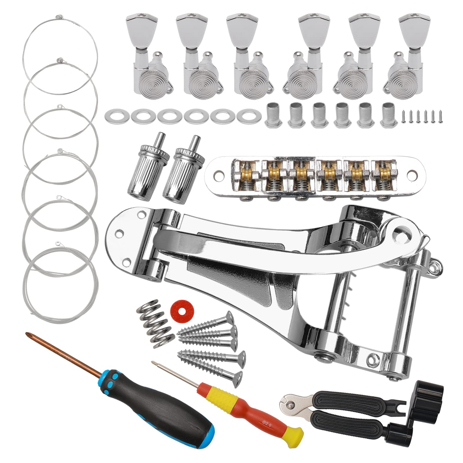 Unxuey Guitar Replacement Parts with Silver Vibrato Tremolo Bridge Tailpiece,Roller Saddle Tune-O-Matic Bridge for Jazz LP Guitar, Guitar Locking Tuners, Strings, String Winder, Screwdrive and Nuts