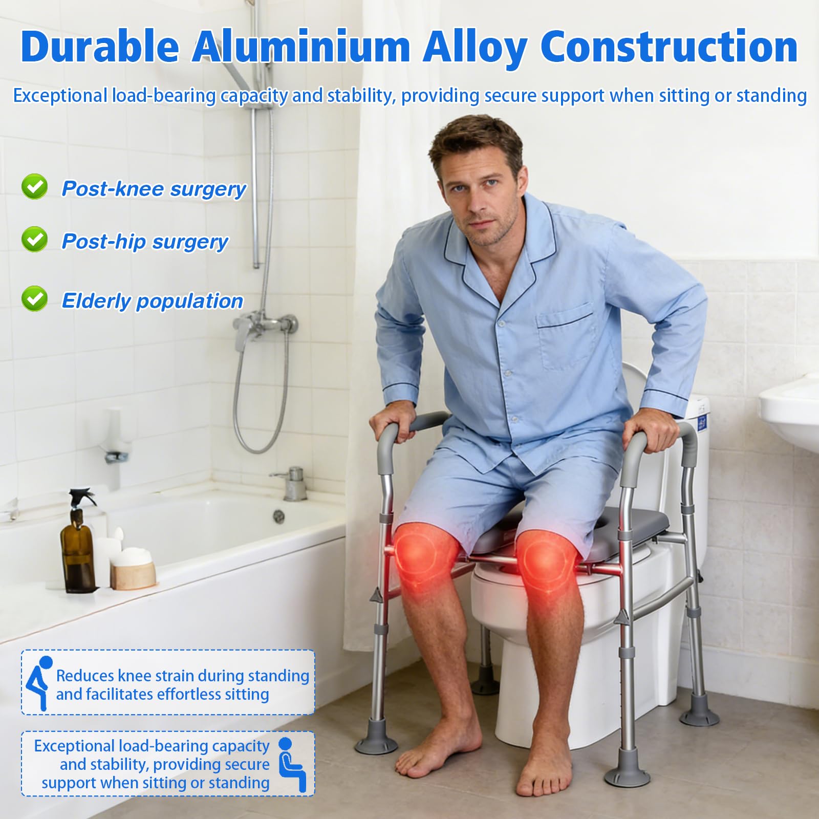 Rialzo per sedile WC per anziani con maniglie, in alluminio, con sedile imbottito, regolabile in altezza e larghezza, per anziani con handicap, bagno in gravidanza, fino a 181,4 kg, adatto a qualsiasi