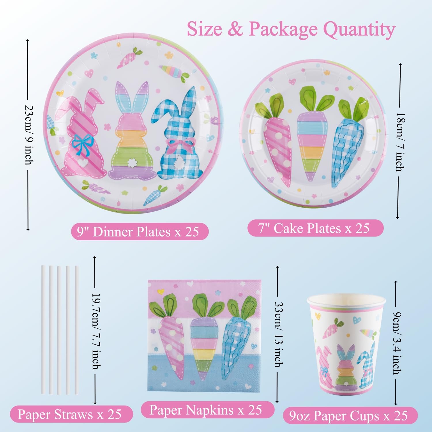 Set di Piatti, Tazze e Tovaglioli per 25 Ospiti, Stoviglie per Feste a Tema Coniglietto, Include Piatti di Carta (17,8 & 22,9 cm), Tazze, Tovaglioli, Cannucce, Ideale per Pasqua, Compleanno
