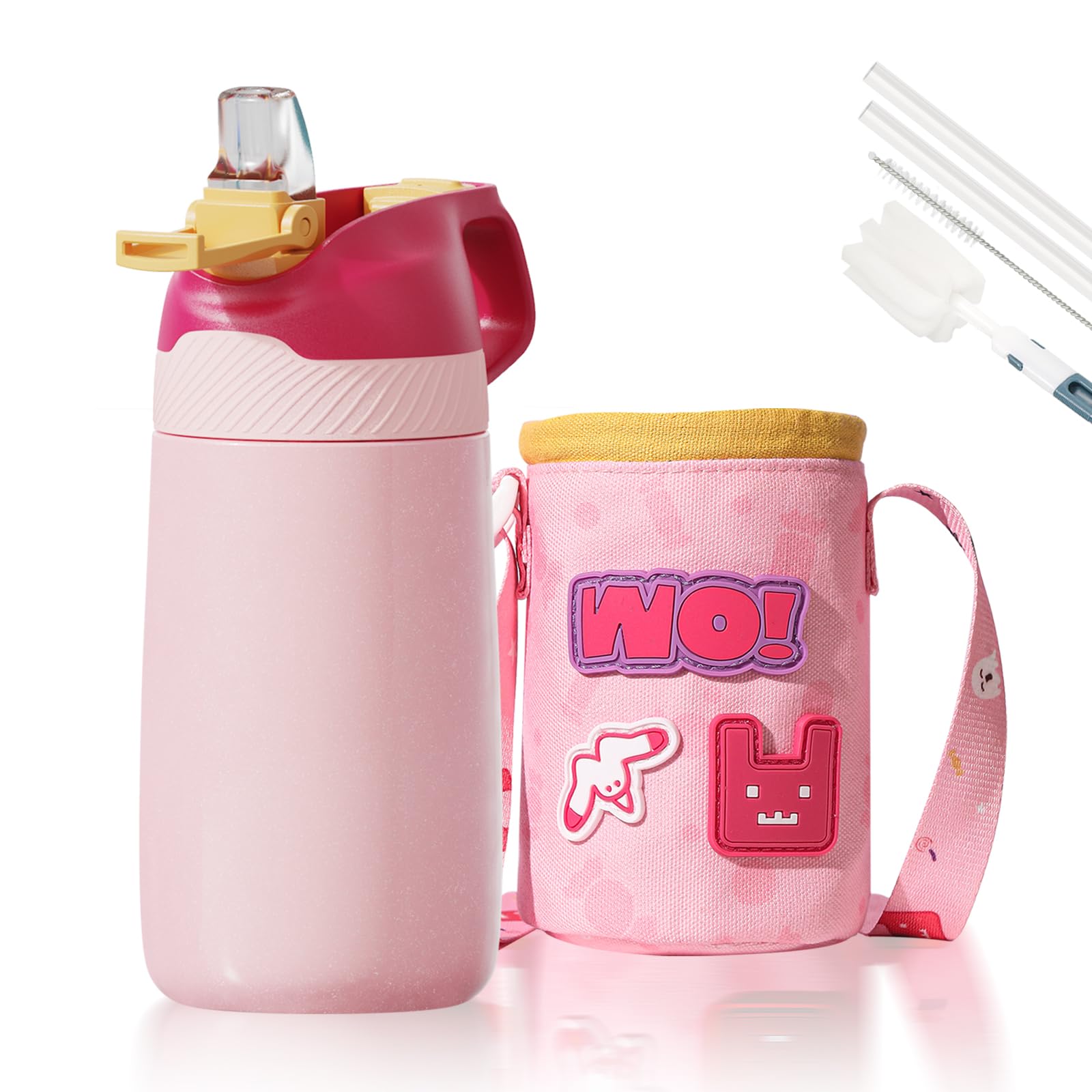 FEIJIAN Children's Stainless Steel Water Bottle with Straw and Bag - 350 ml BPA-Free Thermal Bottle, 1-Click Opening Water Bottle for School, Nursery Pink