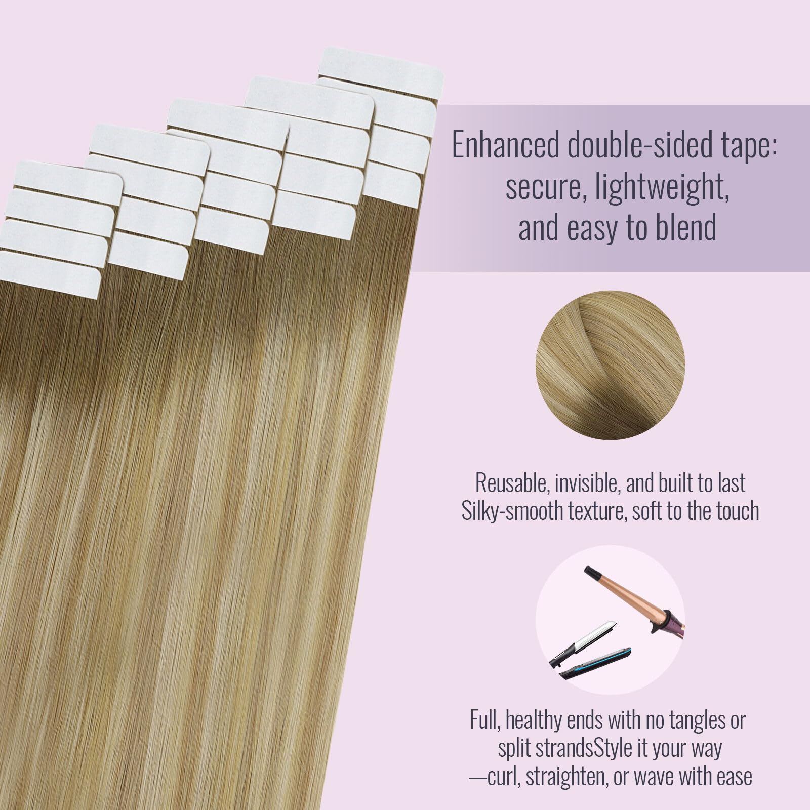 Fshine Dopinki do przedłużania włosów metodą tape in, prawdziwe włosy, 40 cm, 50 g, 20 sztuk, dla początkujących, kasztanowy brąz, wyblakłe do miodowego blondu i platynowego blondu, kolor 6, 27, 60