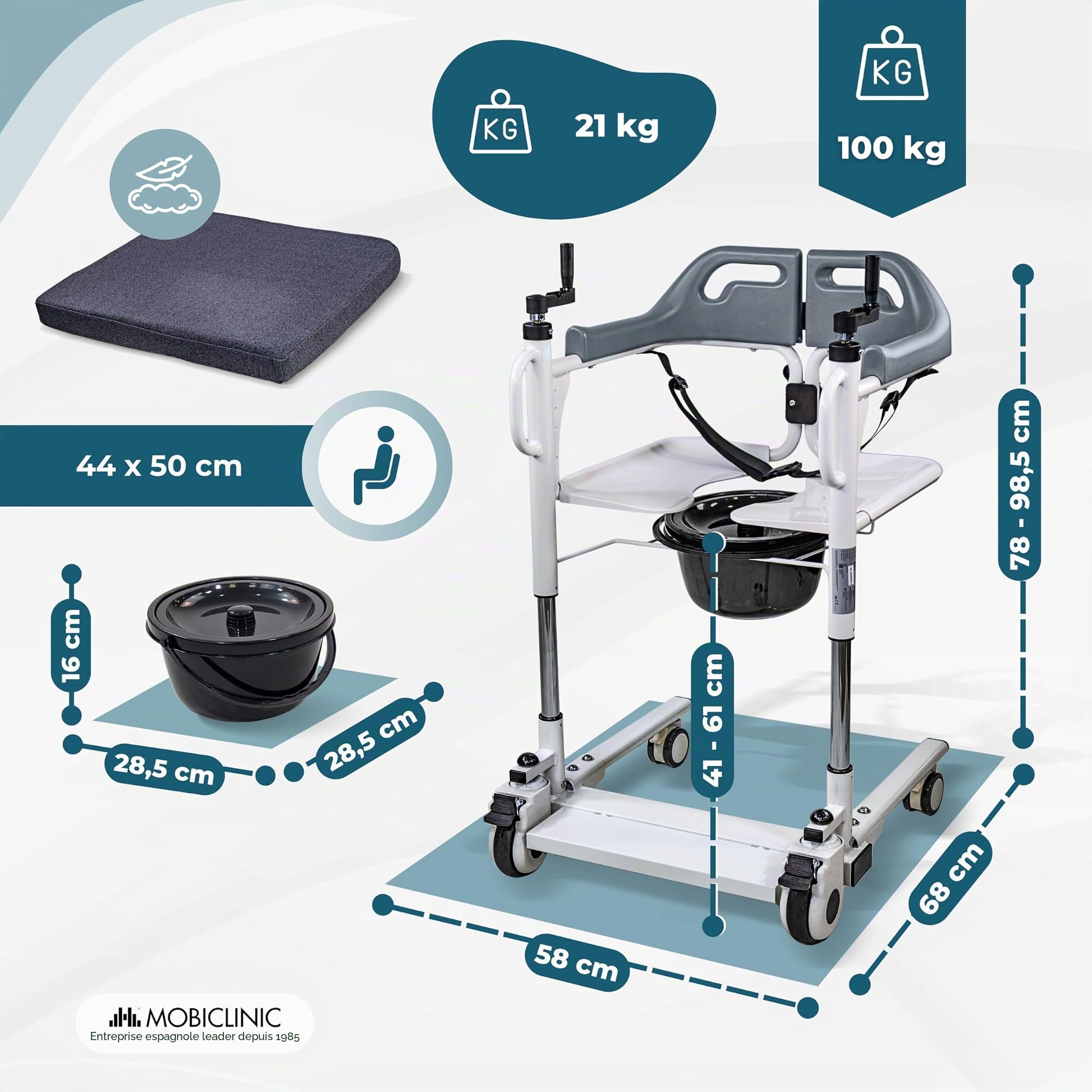 Mobiclinic®, Chaise Élévatrice de Transfert, Urinoir Amovible, Réglable en Hauteur, Double Système de Sécurité, Ouverture Latérale, Coussin, Roulettes avec Freins, pour Lit, Toilettes, Acier, Willy