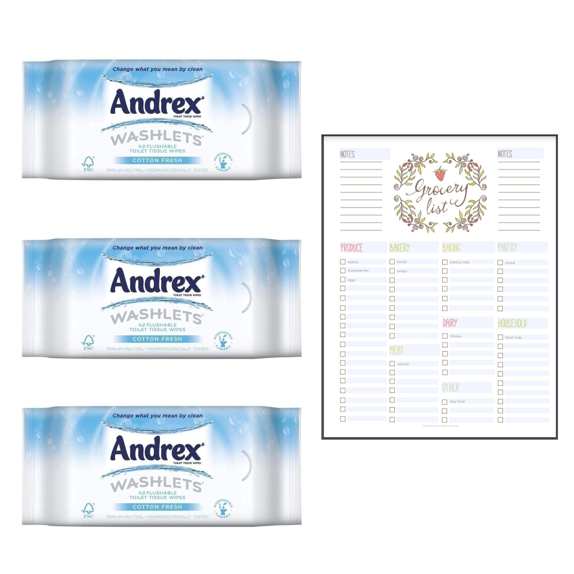 Toilet Wipes Bundle which Contains Andrex Classic Clean Washlets Flushable Wipes Pack of 36 - Pack of 3 with Grocery List Card