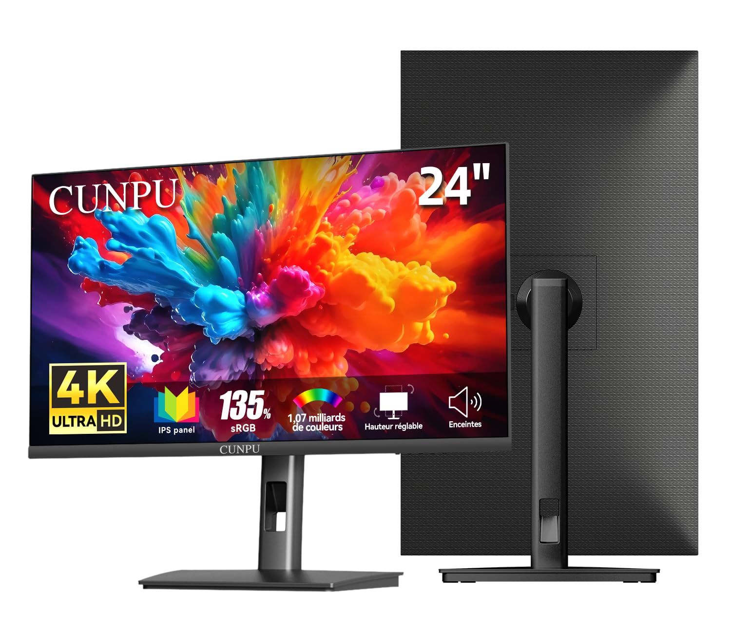 CUNPU Monitor 4K UHD de 24 Pulgadas-3840 x 2160 UHD, 135% sRGB, 100% AdobeRGB y DCI-P3, Ajuste de Altura y rotación. 2 Altavoces Integrados, 2 HDMI y 2 DP