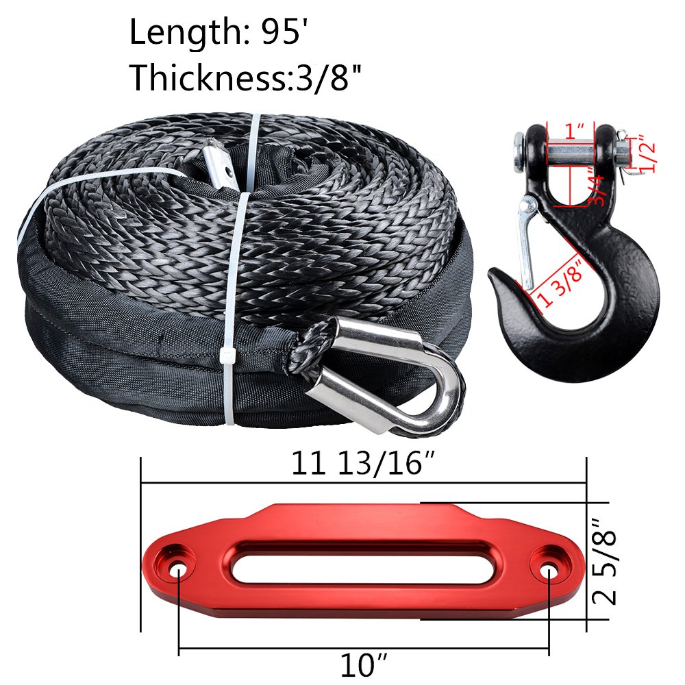 amopacorp 95 feet 3/8 inch Grey Synthetic Winch Rope 20500Lbs with Black Hook and 10 inch Red Billet Aluminum Hawse Fairlead