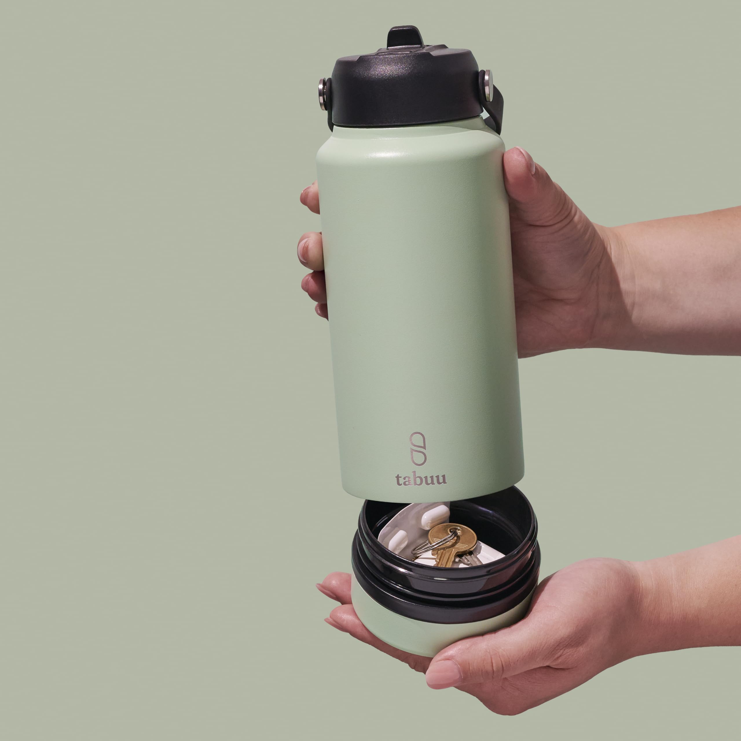 Stylish Insulated Water Bottle with Secret Compartment 760ml - Stainless Steel Insulated Water Bottle with Straw + Discreet Storage Compartment | Perfect for Hot or Cold Drinks (Sea Mist)