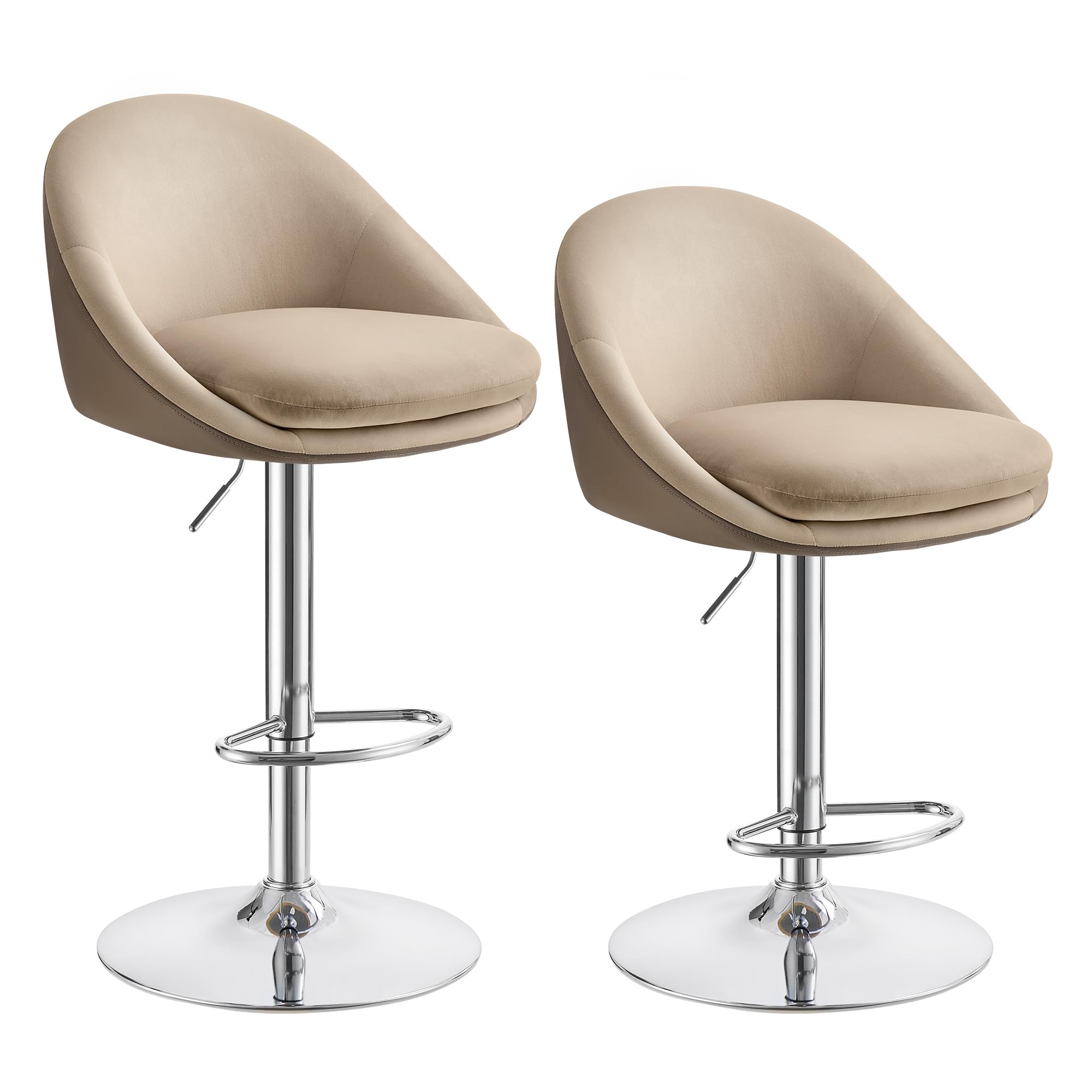 VASAGLE Taburete de Bar, Juego de 2, Taburete de Barra, Regulable en Altura, Giratorio 360°, Silla de Cocina, con Respaldo, Base, Reposapiés, Acero, para Mostrador, Comedor, Marrón Camello LJB110K01
