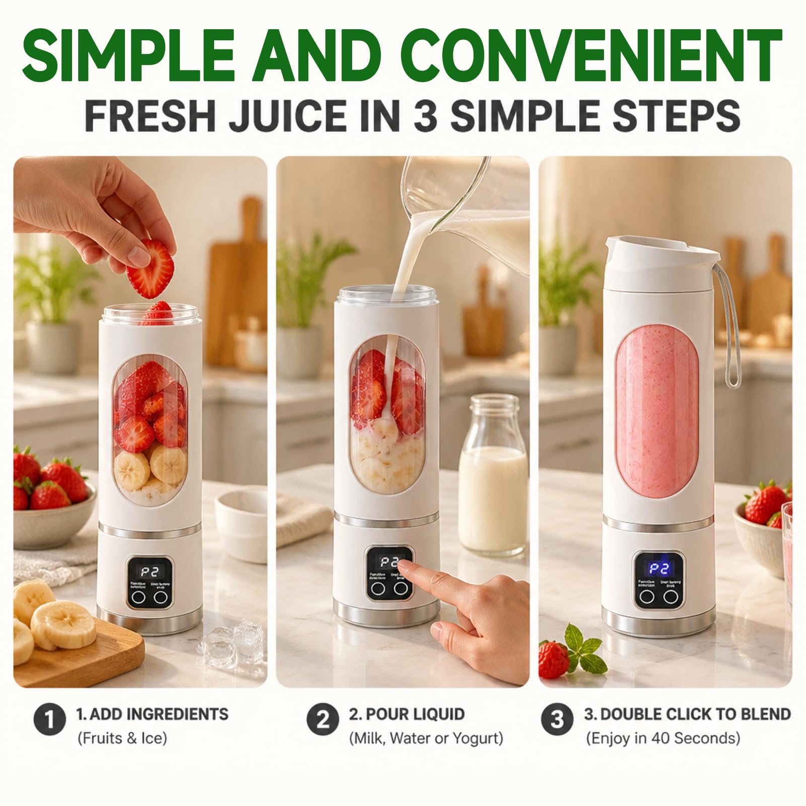 Tragbarer Mixer Smoothie Maker To Go, 500ml Portable Blender mit LED Display und 12 Klingen, USB 1500mAh Elektrisch Mixer, BPA-frei, für Sport, Reisen, Büro, Outdoor (Weiß)