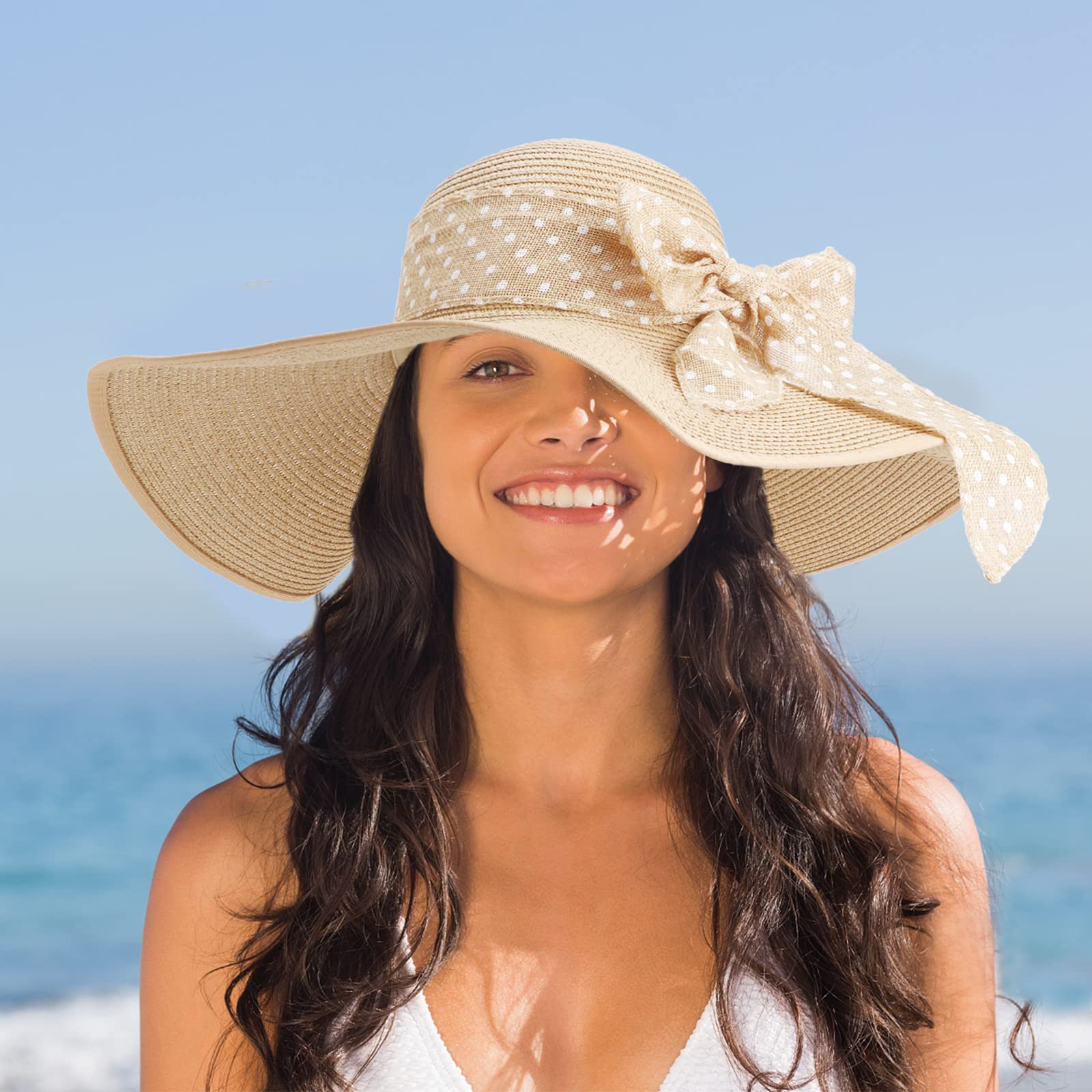 DRESHOW Femme Capeline Chapeau de Paille Chapeau à Large Bord Casquettes Anti-Soleil Respirant Pliable Rouleau Plage Cap Chapeau de Soleil UPF 50+
