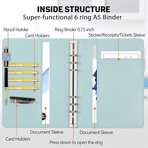 Miniatura 3 de Toplive Carpeta A5 con 6 anillas, organizador personal de hojas sueltas, cartera azul Makaron, para entrevistas, conferencias, negocios