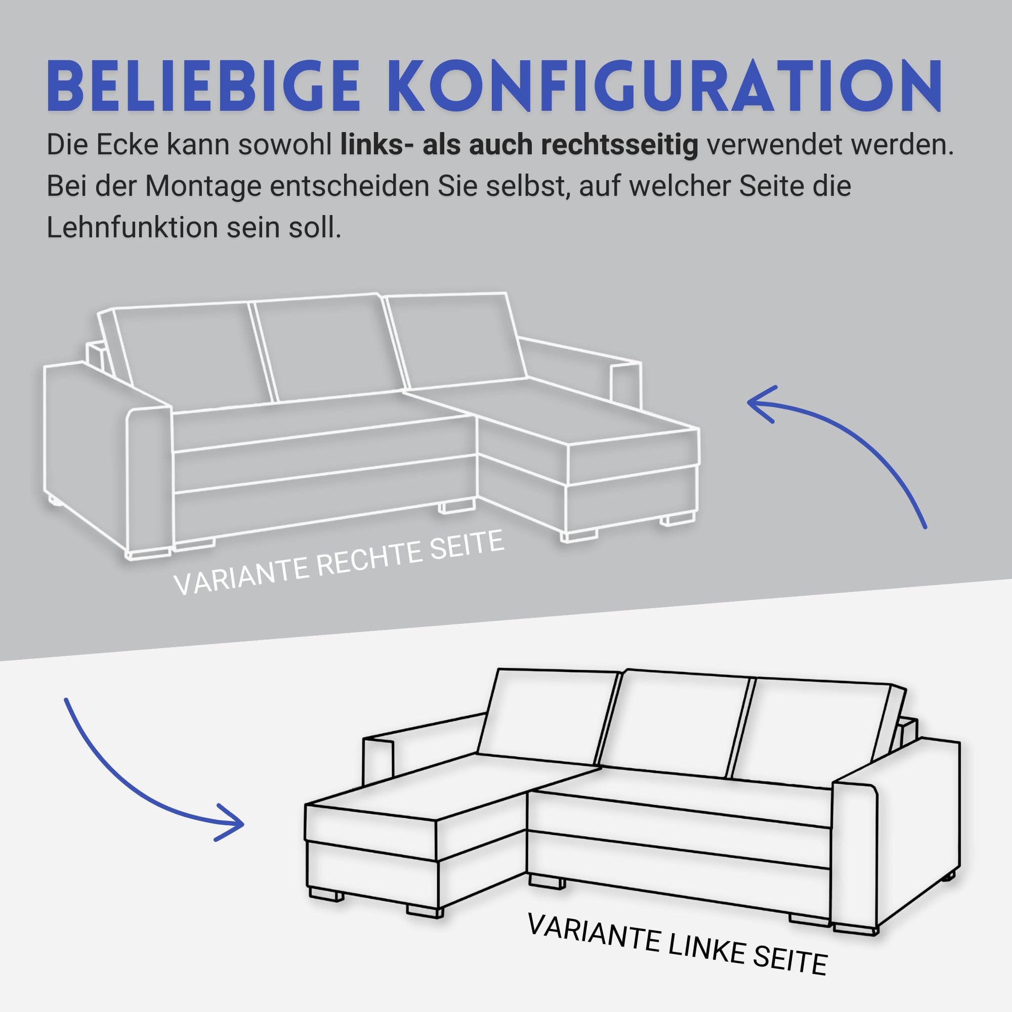 Universal Ecksofa mit Schlaffunktion und 2 Bettkasten LARO I 242cm Breit Sofa L Form I Eckcouch mit Schlaffunktion I Universal Ecke (Rechts oder Links) I Sofa Grau