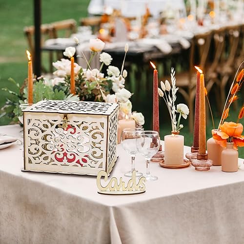 Miniatura 6 de Okllen Caja de madera para tarjetas de boda con candado y letrero de tarjeta, caja de tarjetas de madera rústica grande para manualidades, soporte
