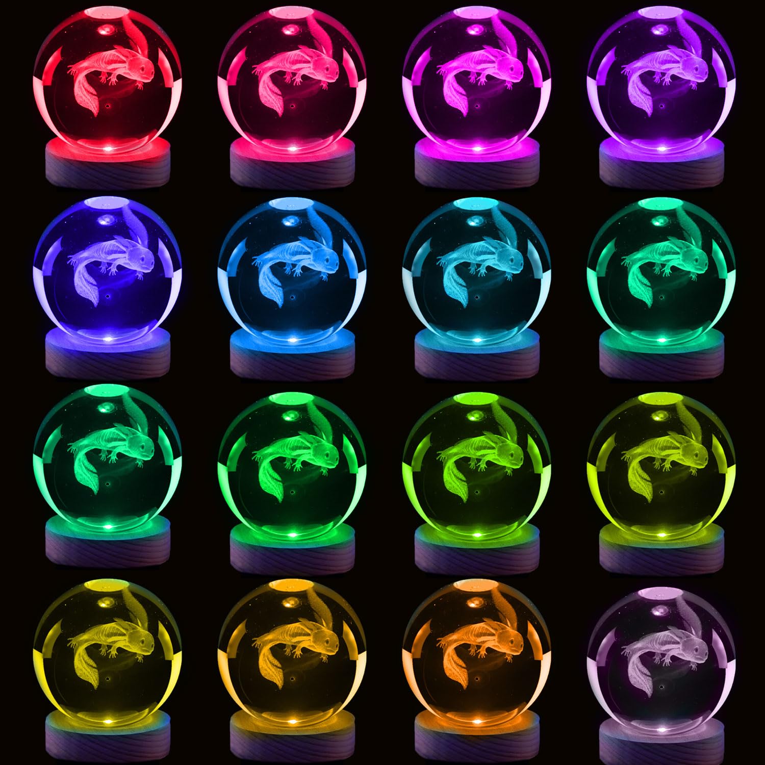 Genyerl 3D Axolotl kristallen nachtlamp, 16 kleuren led met afstandsbediening, 3,15 inch K9 kristallen bol, uniek helder glas, geschenken voor jongens en meisjes