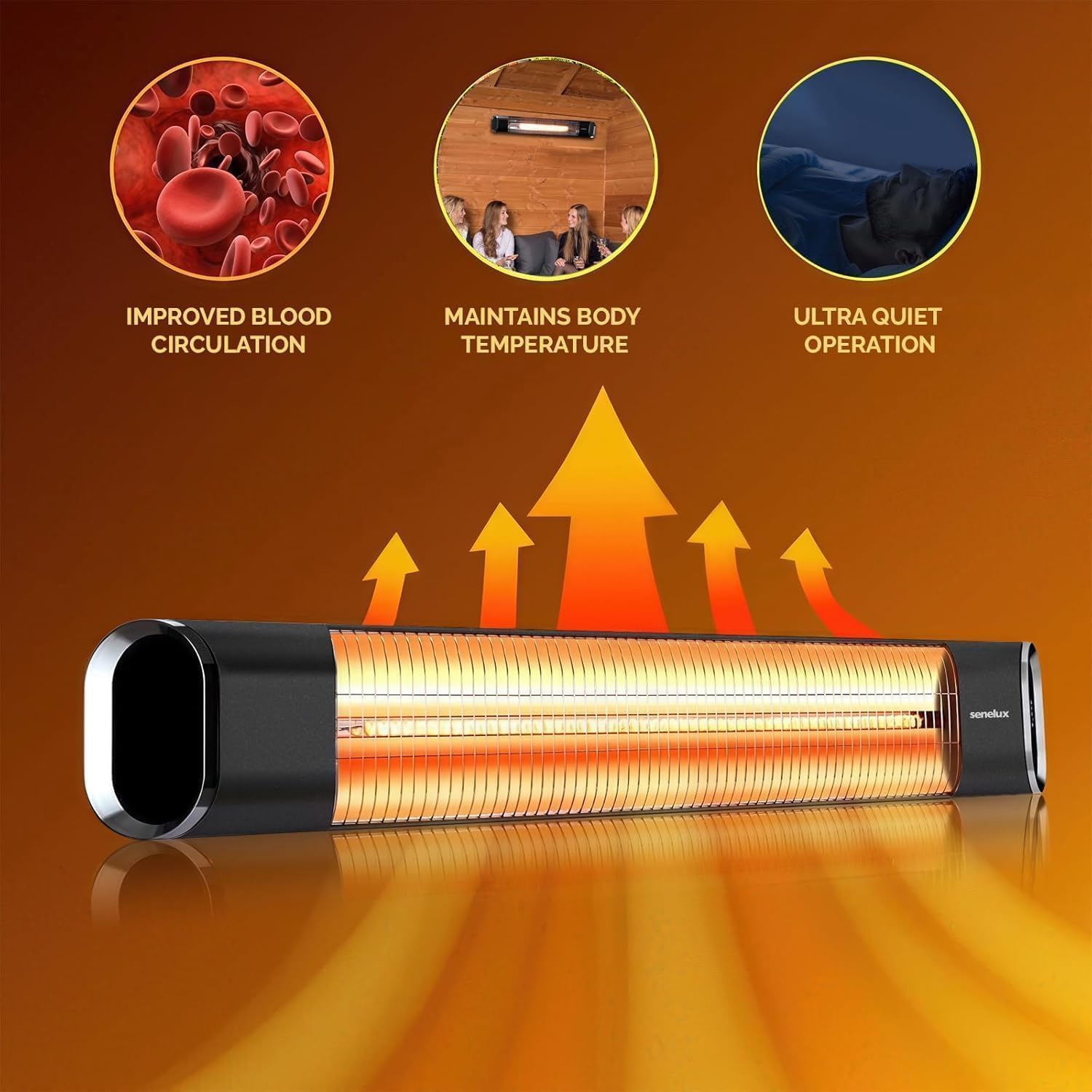 Calefactor de Patio Eléctrico Infrarrojo Senelux Montado en Pared 2000W | Calefactor IP65 Resistente al Agua para Uso en Interiores y Exteriores | Control Remoto | Temporizador Ajustable y 9 Niveles d